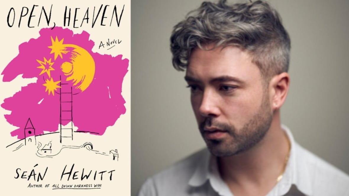 A pink and white book cover. A photo of a man with grey hair looking down and left.