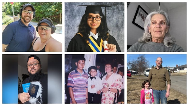 A smiling couple in protective gear, a recent high school graduate, a senior citizen, a man holding up his Canadian passport, and a father and son