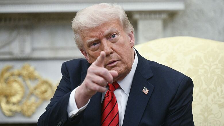 U.S. President Donald Trump points a digit  portion    taking questions successful  the Oval Office.