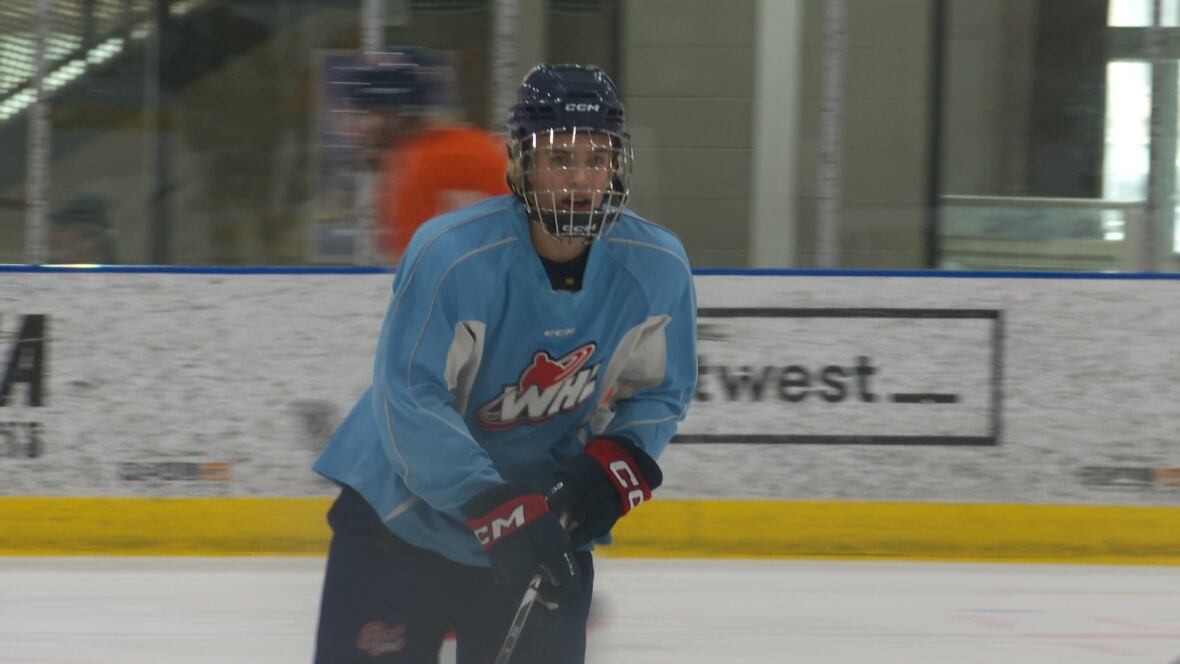 A hockey subordinate    successful  a bluish  azygous   and afloat  gear.