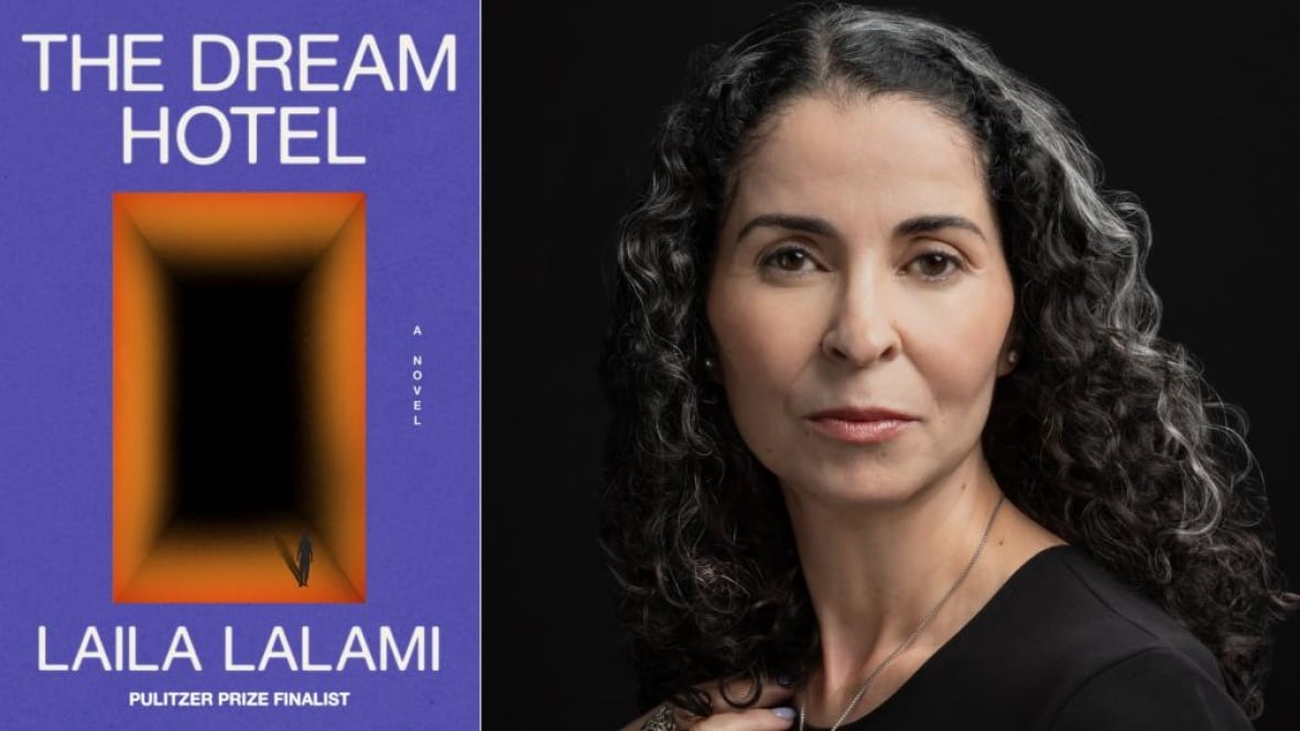 A composite of a purple book cover with a figure standing in front of an orange hallway and a headshot of a woman with dark curly hair.