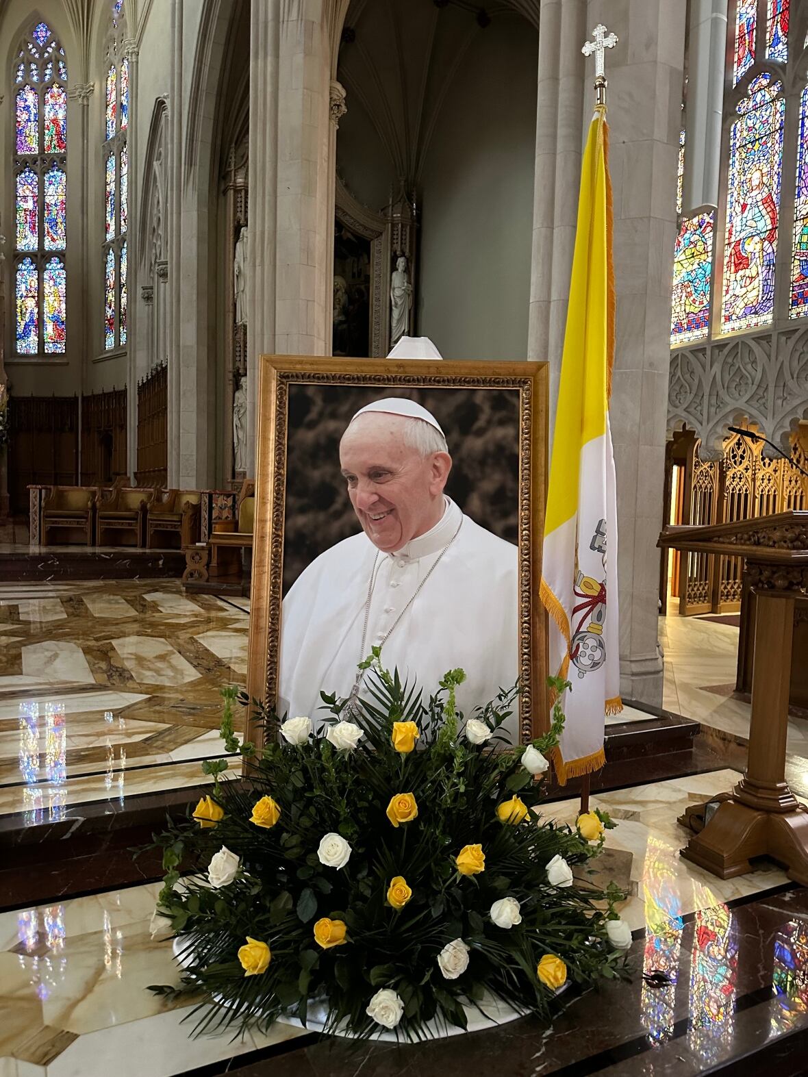 A memorial for Pope Francis astatine  the Cathedral Basilica of Christ the King successful  Hamilton, wherever  a peculiar   Mass was held to honour his beingness  and legacy. The show  included flowers and the Vatican emblem  beneath   the cathedral’s stained solid  windows. 