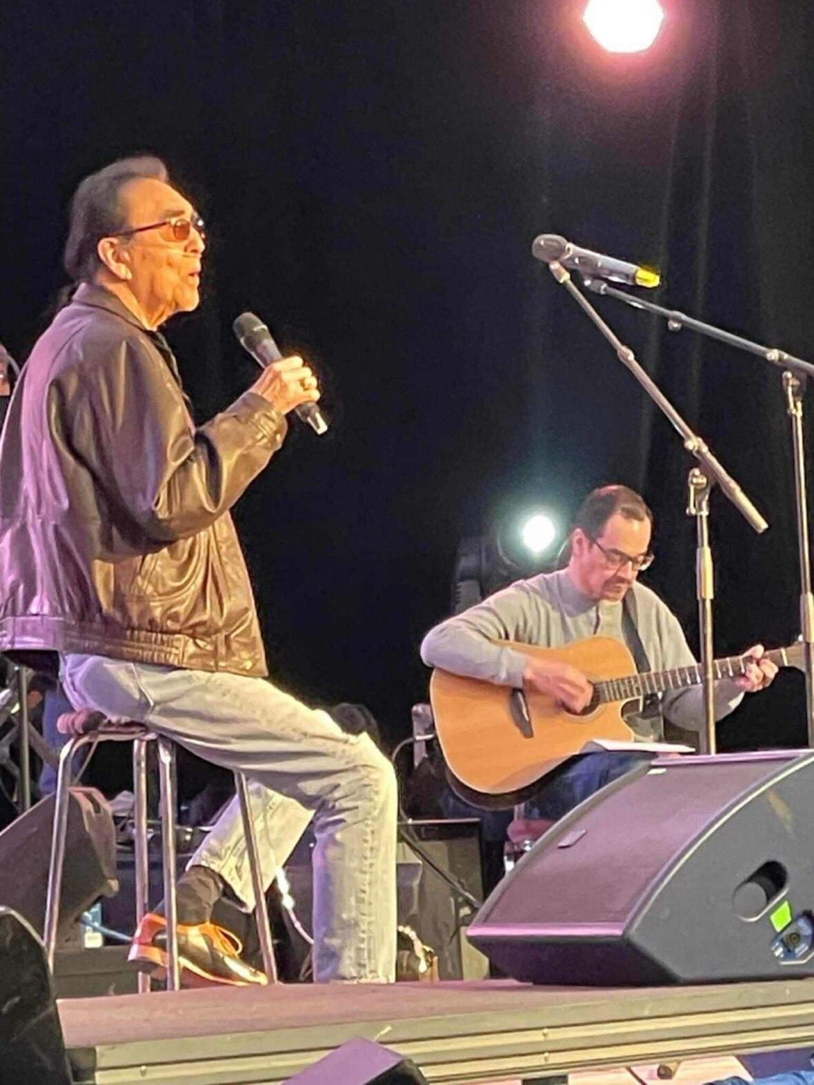 A representation   of a antheral   singing, and different  playing the guitar.