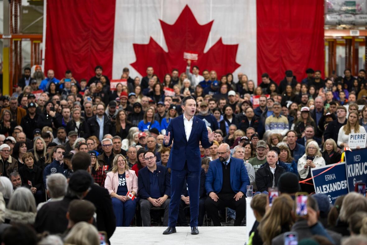Conservative Leader Pierre Poilievre speaks to supporters during a campaign rally in Stoney Creek, Ont., Tuesday, March 25, 2025.  THE CANADIAN PRESS/Nick Iwanyshyn