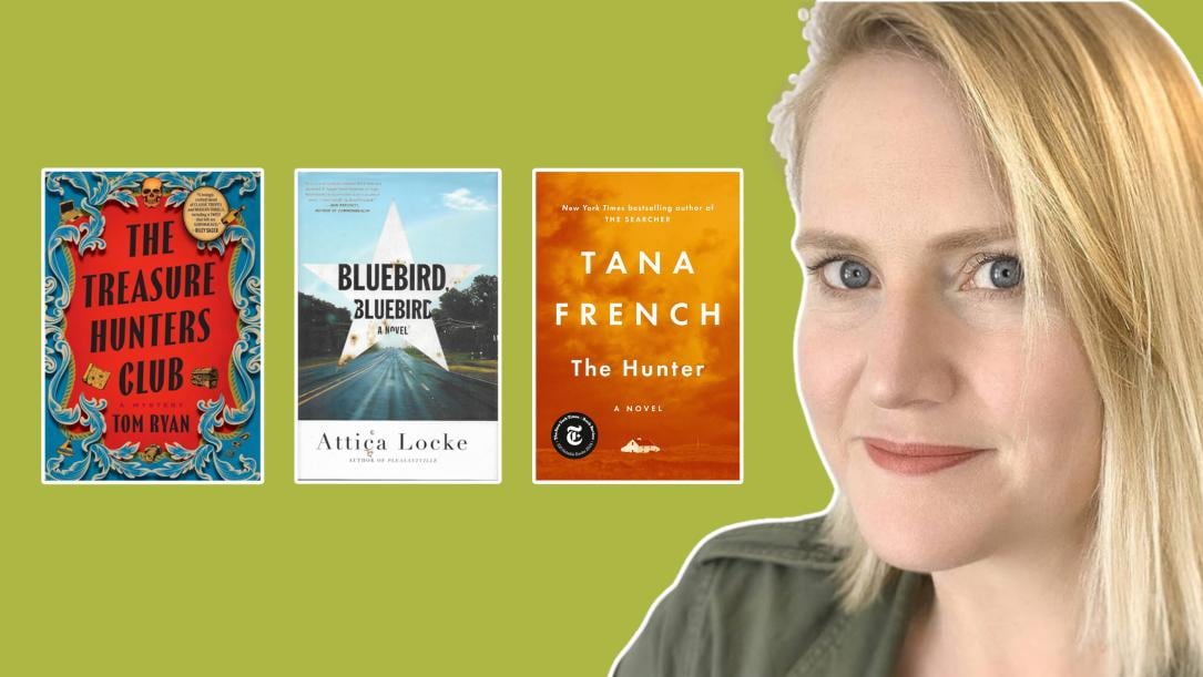 composite of three illustrated book covers and a headshot of a white woman with blonde hair.