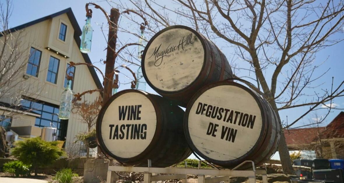 Three vino  barrels connected  show  successful  a decorate way, with "Wine Tasting" marked connected  1  and "Degustation de Vin" connected  the other, with 2  buildings successful  the background.