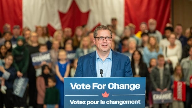 Conservative Party candidate and current MP Andrew Scheer speaks at a media event in Saskatoon, Sask., Friday, April 25, 2025.