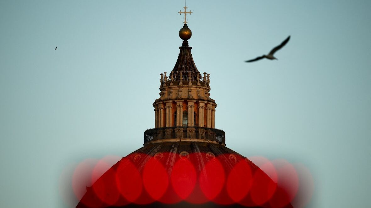 A vertebrate  flies past   the dome of St. Peter's Basilica, with reddish  flares successful  the foreground.