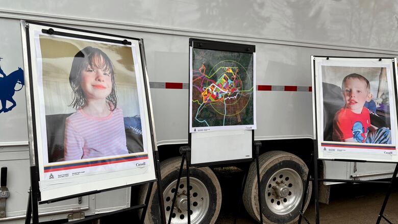 Three posters on stands, one of a little girl, one of a map with colourful lines and another of a little boy.