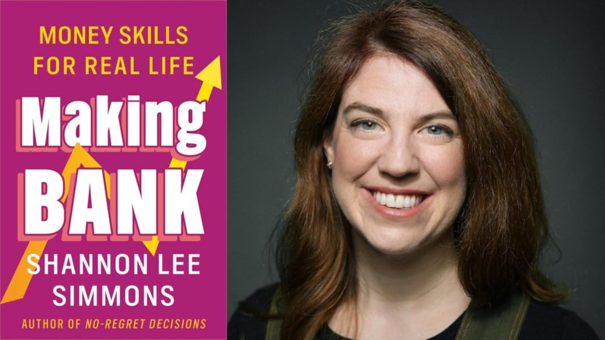 A composite image of a book cover with a yellow arrow and white title and a headshot photo of a woman with shoulder-length brown hair.