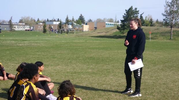 Calgary Wild FC goalkeeper Sarah Kielty-Dilling visited Ian Bazalgette School to announce the 