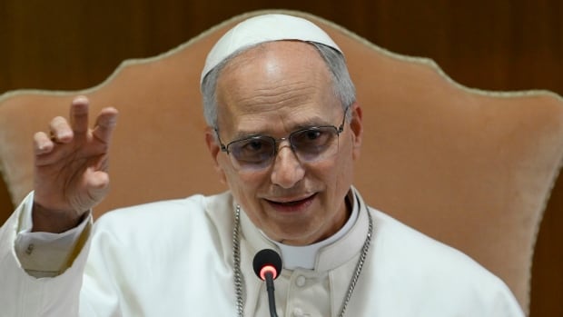 Pope Leo XIV meets the College of Cardinals in the New Synod Hall at the Vatican, Saturday, May 10, 2025. (Vatican Media via AP) Man waves hand
