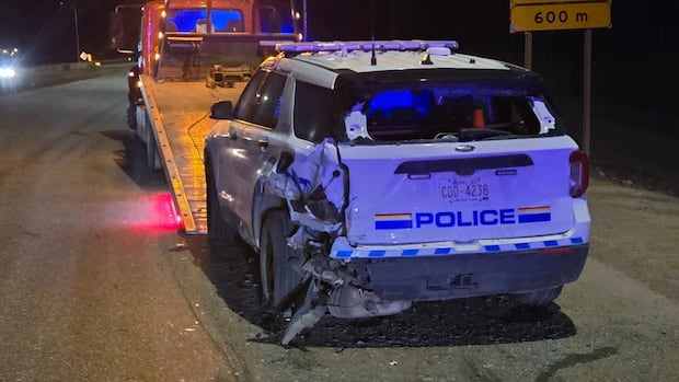 RCMP vehicle hit by truck in high-speed collision during traffic stop in Fort McMurray