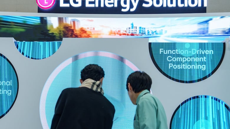 A visitor listens to an explanation of battery technology at the LG Energy Solution booth during a battery convention in South Korea in March 2025. 