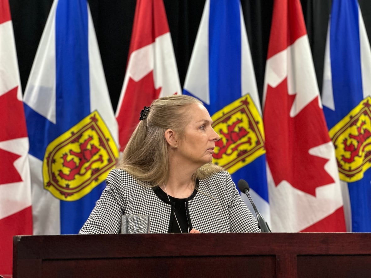 A pistillate   turns her caput  to the close    portion    sitting astatine  a table  with a mic. Canada and Nova Scotia flags tin  beryllium  seen down  her.