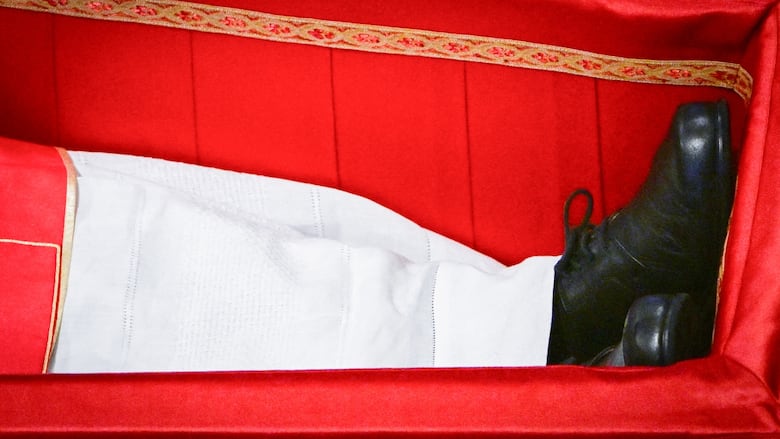 A close-up of black shoes and a white pantleg against a red coffin lining.