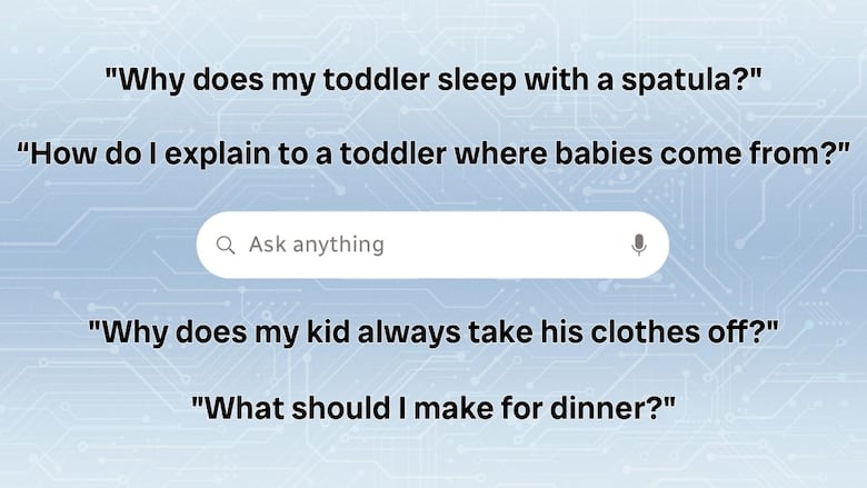 A graphic illustration of questions posed to an AI such as ChatGPT. The questions are, why does my toddler sleep with a spatula, how do I explain to a toddler where babies come from, why does my kid always take his clothes off, what should I make for dinner?