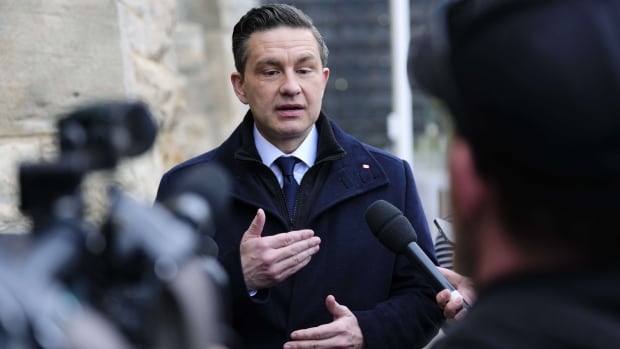Conservative Leader Pierre Poilievre speaks to journalists as he arrives on Parliament Hill for a meeting of the Conservative caucus following the federal election, in Ottawa, on Tuesday, May 6, 2025. THE CANADIAN PRESS/Justin Tang A man speaks with reporters.