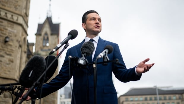 Conservative Party Leader Pierre Poilievre speaks to reporters outside of West Block on Parliament Hill in Ottawa on Thursday, May 15, 2025.