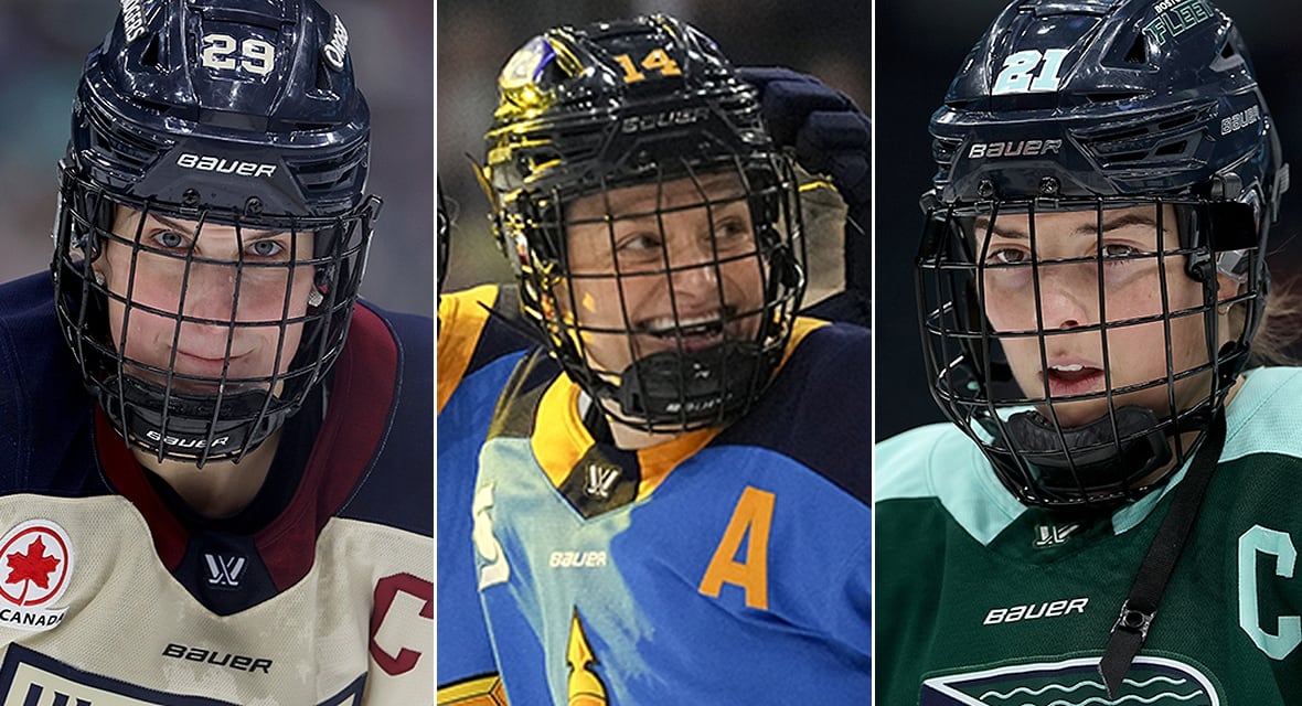 Composite photograph  of Montreal Victoire skipper  Marie-Philip Poulin, Toronto Sceptres defender Renata Fast and Boston Fleet guardant  Hilary Knight.