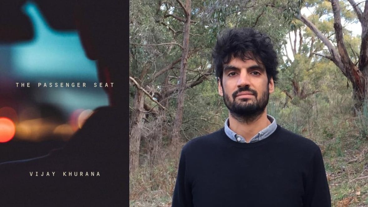 A book cover a blurred image of a passenger seat. A man with black hair and a beard in a forest.