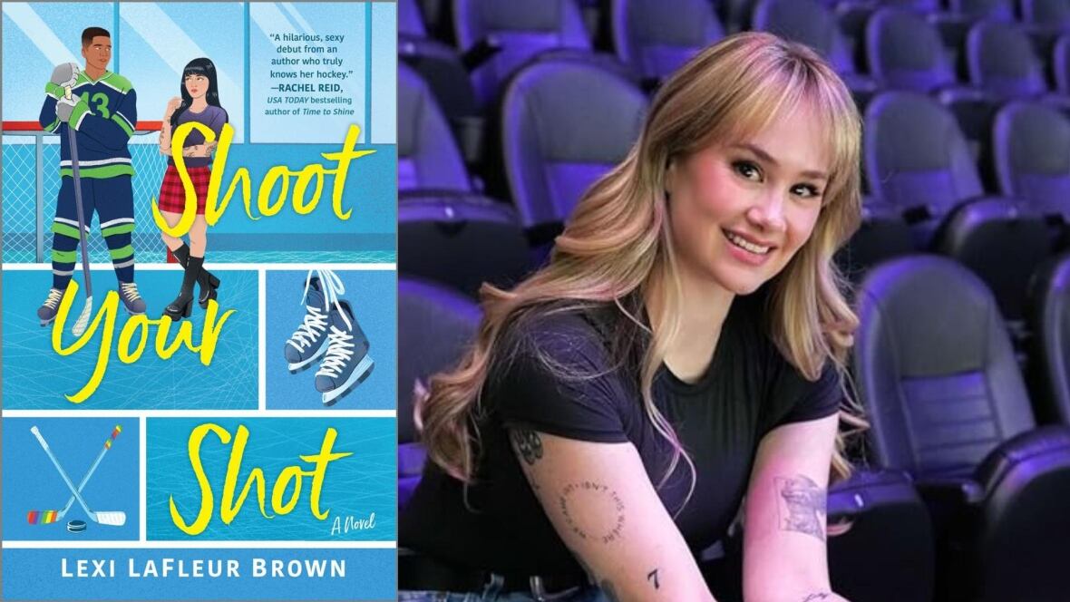 A composite image featuring a hockey player and a goth girl, and a headshot photo of a woman with long blonde hair.