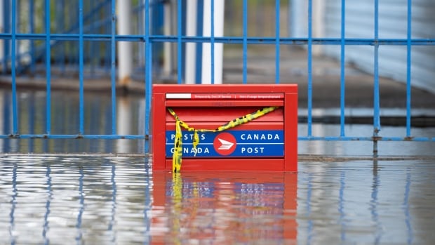 A partially flooded Canada Post mail box is seen in the Gatineau, Que. region on Thursday, May 4, 2023. Flood warnings are in effect for the national capital region following significant rainfall and increased water runoff. THE CANADIAN PRESS/Spencer Colby A mail box is seen standing in high floodwater.