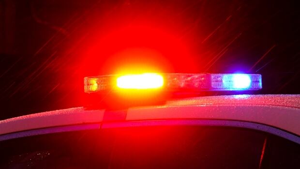 Red and blue lights from the top of a police car are seen in the dark