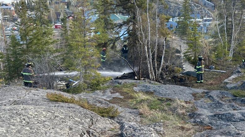 Firefighters shoot water at a wooded area