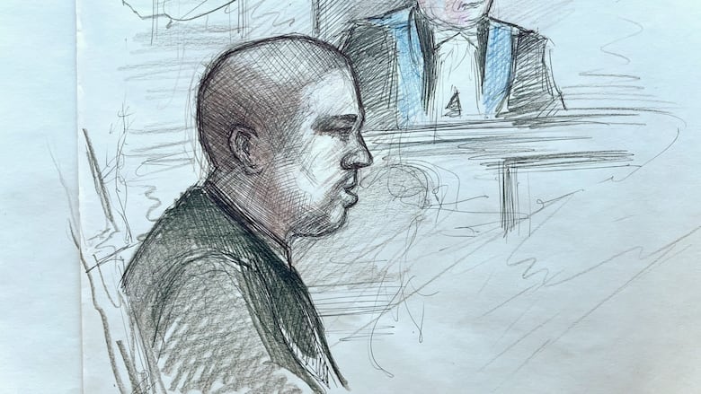 A sketch of a bald man with a judge in robes in the background.
