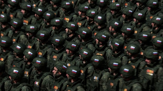 Russian soldiers are seen from above.