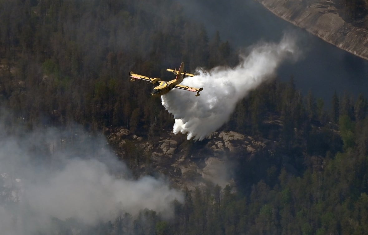 A waterbomber dropping water on a forest fire.