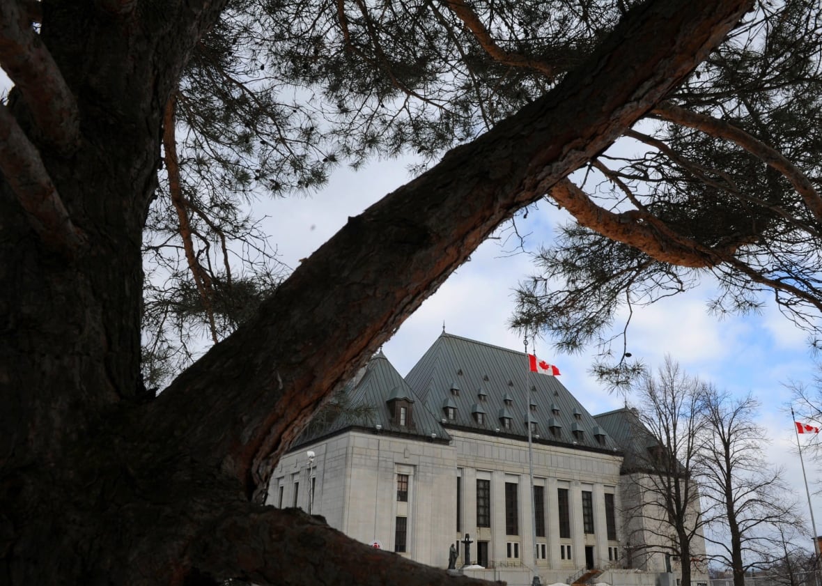 A big stone building is seen that houses he Supreme Court of Canada