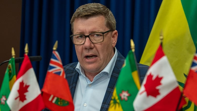 Premier of Saskatchewan Scott Moe, speaks during a media event to sign a Memorandum of Understanding with Premier of Ontario Doug Ford, not pictured, in Saskatoon on Sunday, June 1, 2025. THE CANADIAN PRESS/Liam Richards