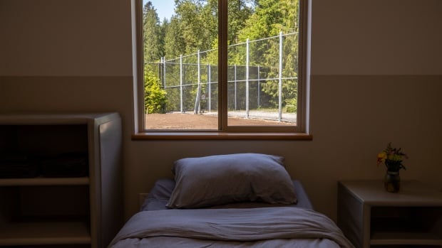 A single bed is seen pushed against a window looking onto trees outside.