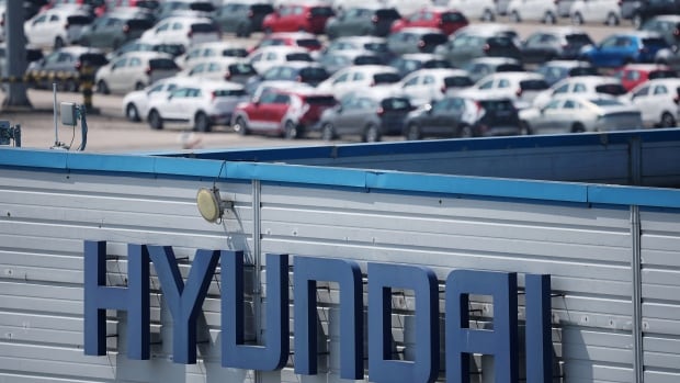 The logo of South Korea's biggest automaker company Hyundai Motor is pictured at Pyeongtaek port in Pyeongtaek, South Korea, April 15, 2025. 