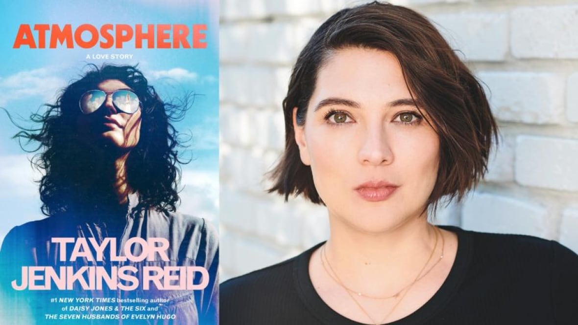 A book cover of a woman with dark black curly hair wearing aviators and looking up at the sky. An author image of a woman with a short brown bob.