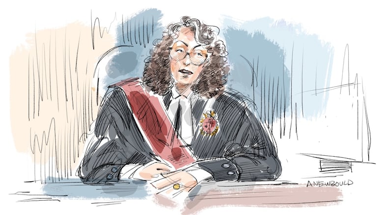 A court sketch shows a judge in red and black robes sitting on the bench. She has dark, curly, shoulder-length hair and glasses.