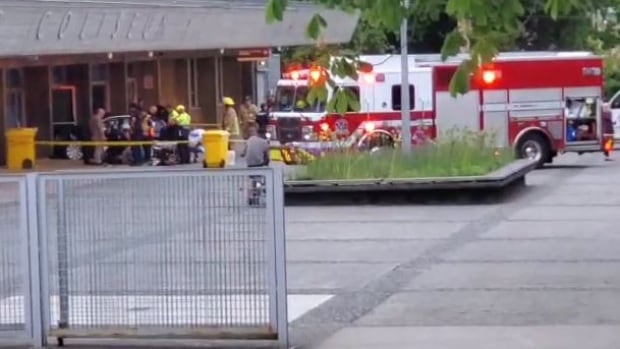 Crews respond to a vehicle that appears to have crashed into Pacific Coliseum.