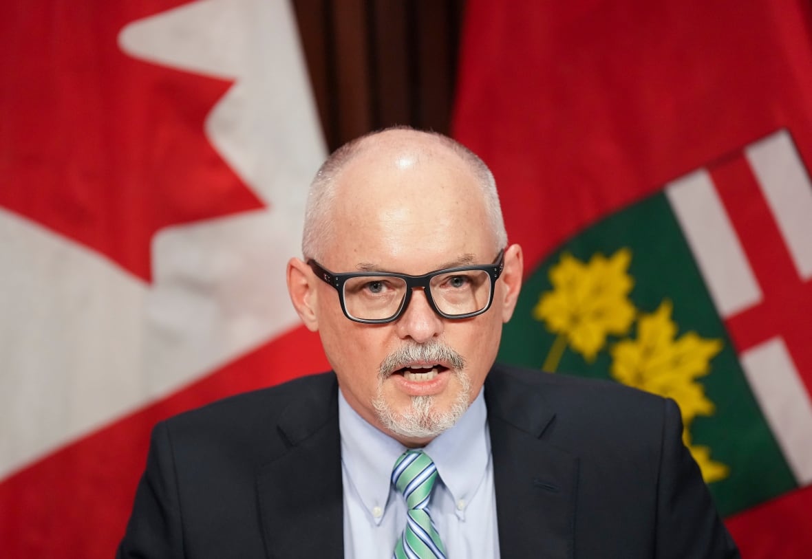 Photo of a man with a short beard and glasses sitting in front of a Canadian flag and an Ontario flag. He is wearing a black suit, light blue shirt and green and blue striped tie. 
