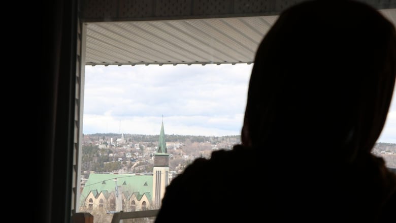 A woman's figure is visible as she is looking out the window 