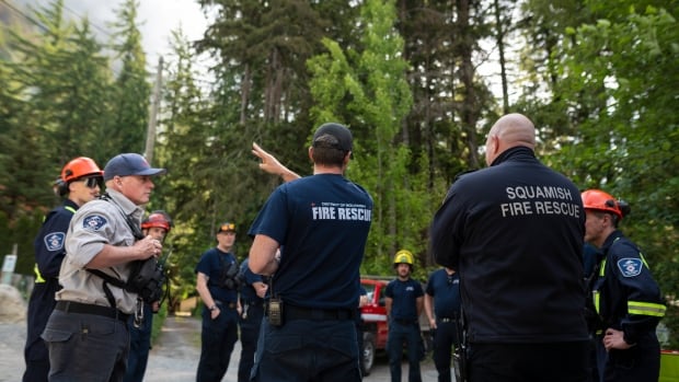Members of Squamish Fire Rescue prepare to battle the Dryden Creek wildfire, north of Squamish, B.C., on Wednesday, June 11, 2025.