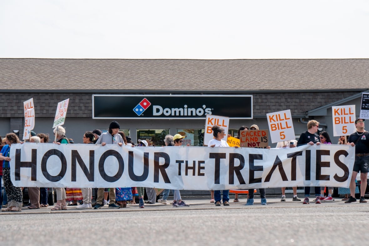 People are seen holding a large banner that says "Honour the Treaties."