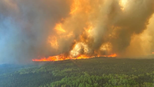 An aerial view of a wildfire seen burning through a green forest.