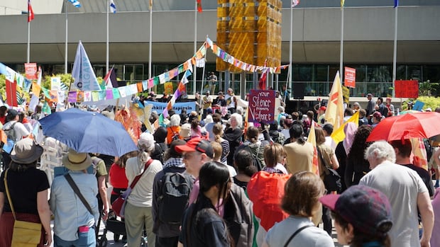 Hundreds of protesters gather in downtown Calgary on first day of G7 in Alberta