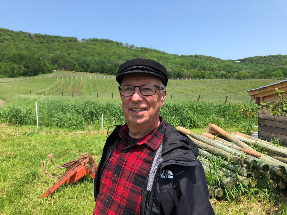 A man with a red shirt and a black hat is in a field