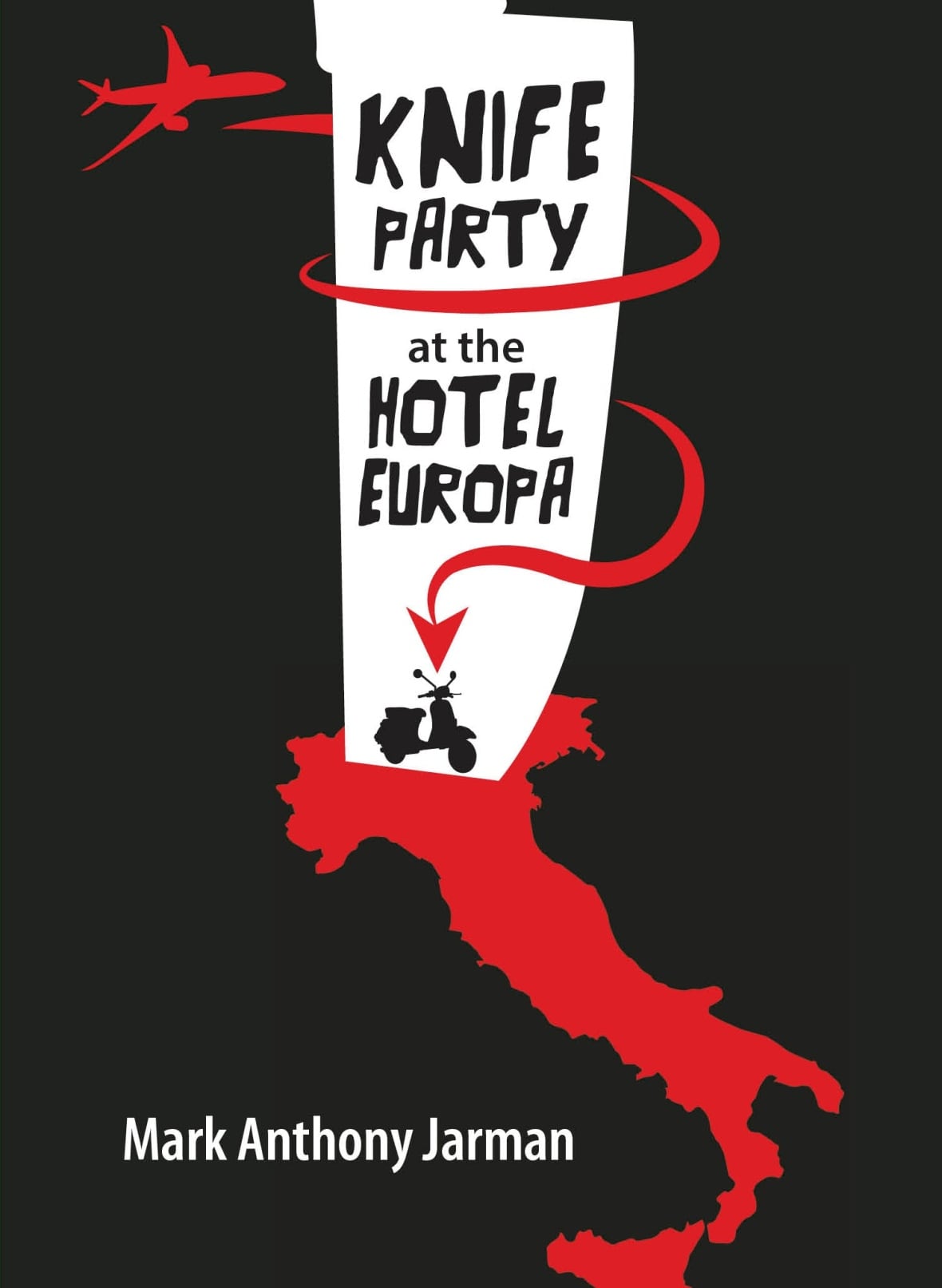 A book cover with the silhouette of a knife plunged into a red outline of Italy on a black background.