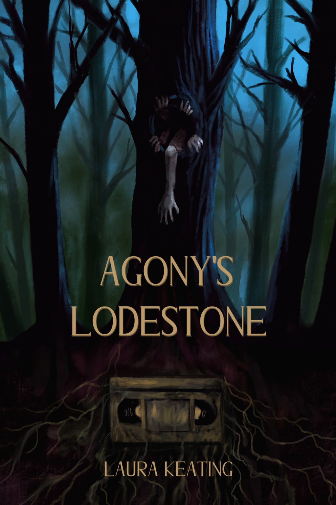 The front cover of a book, featuring a dark forest with arms coming out of a hole in a tree and creepy roots along the ground.