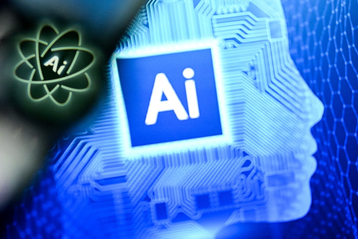 The word "AI" in a blue square atop a silhouette of someone's face, and the word "AI" in atop a green nucleus 