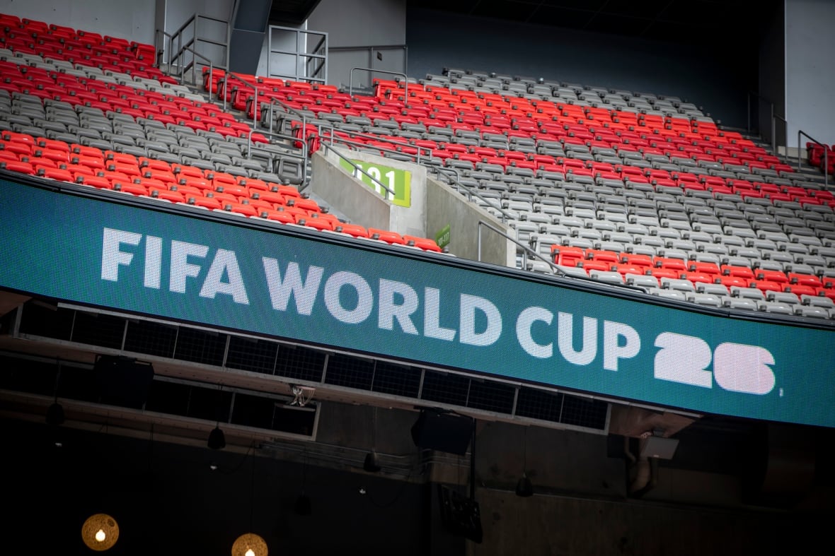 A FIFA 2026 World Cup banner at B.C. Place. 